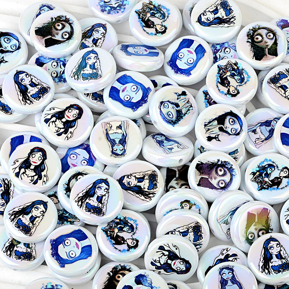 100Pcs Halloween Elements Zombie Bride Character Printing Straight Hole Flat Bead DIY Mobile Phone Bead Pen Handmade Ornament Accessories