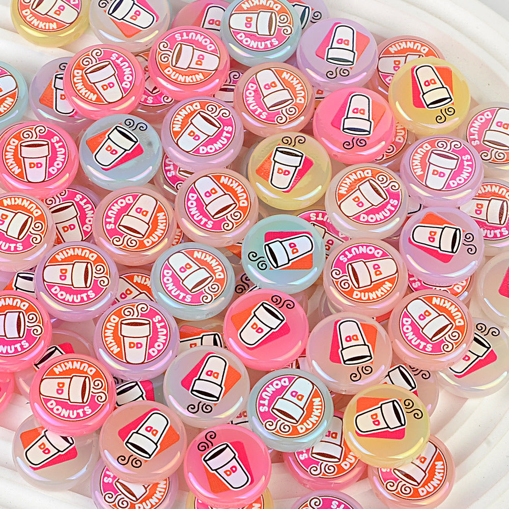 100Pcs 24mm round cake bead printing coffee cup acrylic through-hole beads DIY handmade beaded keychain accessories wholesale