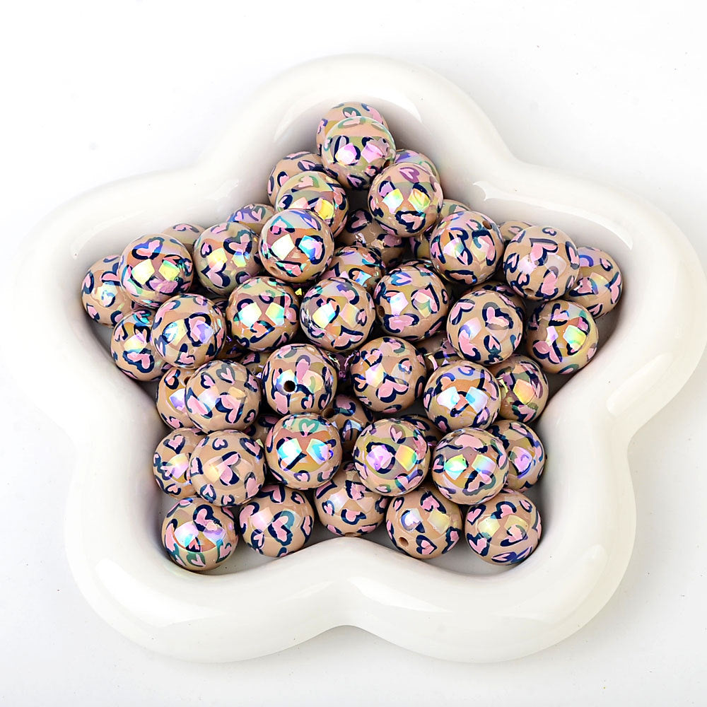 100Pcs acrylic two-color love leopard print printed beads DIY mobile phone chain bead pen jewelry accessories loose beads wholesale