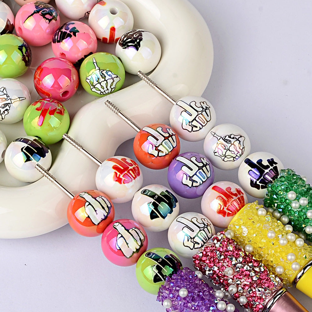 100Pcs multi-color colorful skull palm printing acrylic round beads American street punk style DIY loose bead accessories wholesale