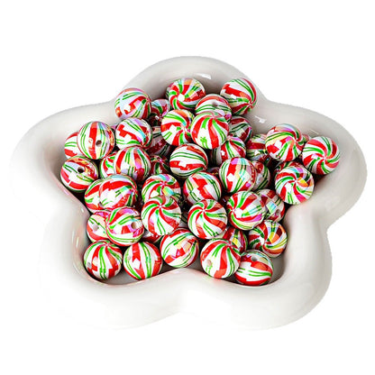 100Pcs 16mm acrylic Christmas color striped printed round beads DIY beaded mobile phone chain keychain loose beads wholesale