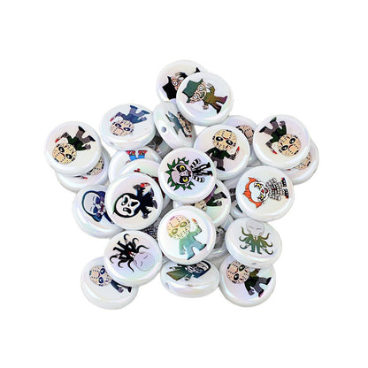 100Pcs Halloween dark cartoon character printed acrylic round beads flat piece mixed DIY handmade accessories wholesale