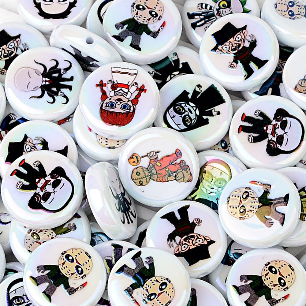 100Pcs Halloween dark cartoon character printed acrylic round beads flat piece mixed DIY handmade accessories wholesale