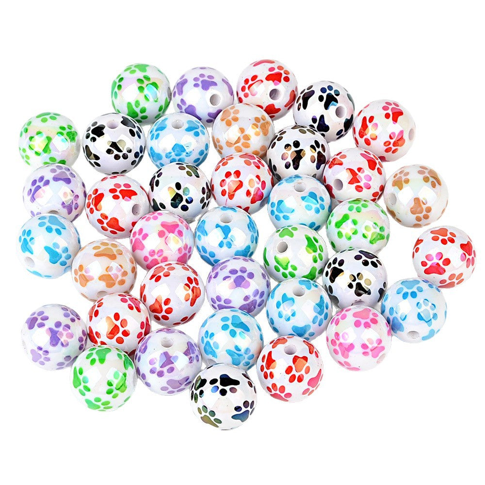 100Pcs acrylic solid color printing cat claw pattern 16 vertical hole round beads DIY Douyin live broadcast mobile phone rope keychain accessories