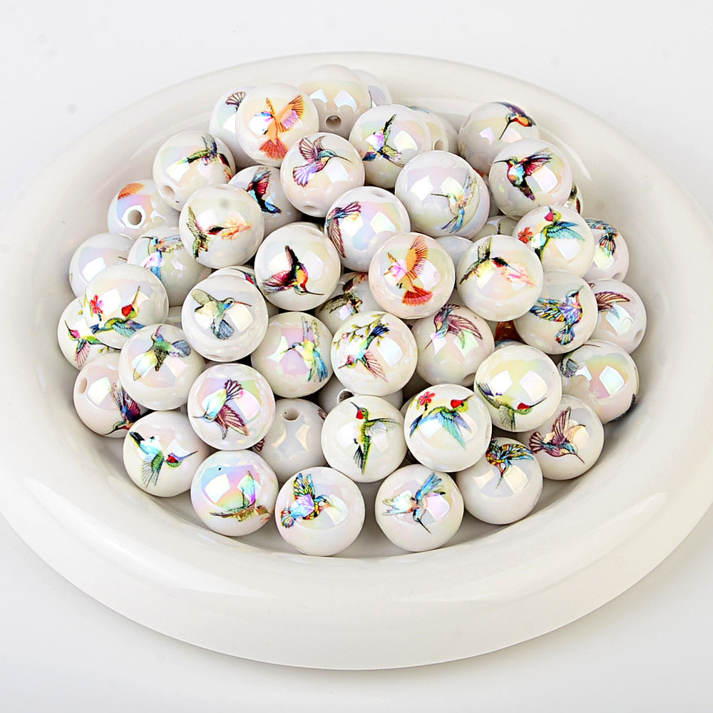 100Pcs UV printed magpie bird acrylic hummingbird pattern beads DIY handmade bracelet necklace beaded material wholesale
