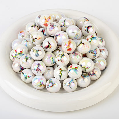100Pcs UV printed magpie bird acrylic hummingbird pattern beads DIY handmade bracelet necklace beaded material wholesale