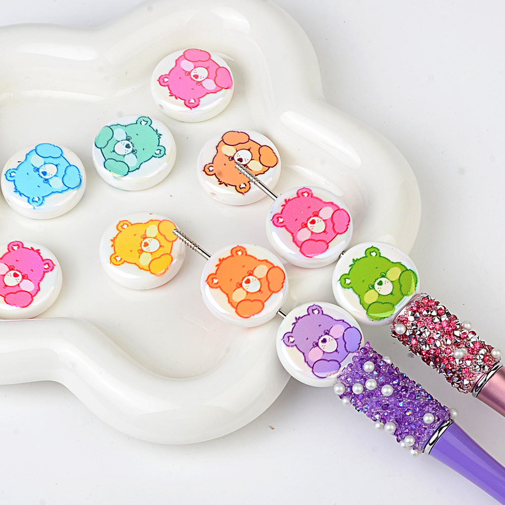 100Pcs UV plated color printing rainbow bear bear cartoon round cake beaded DIY pen mobile phone chain keychain accessories