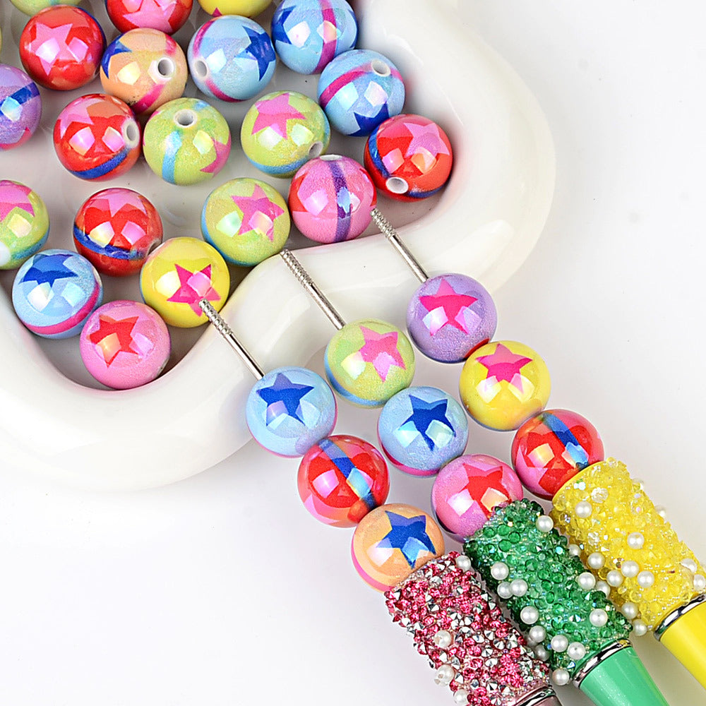 100Pcs UV plated color printing rainbow five-pointed star beaded DIY mobile phone chain beaded pen keychain various jewelry accessories