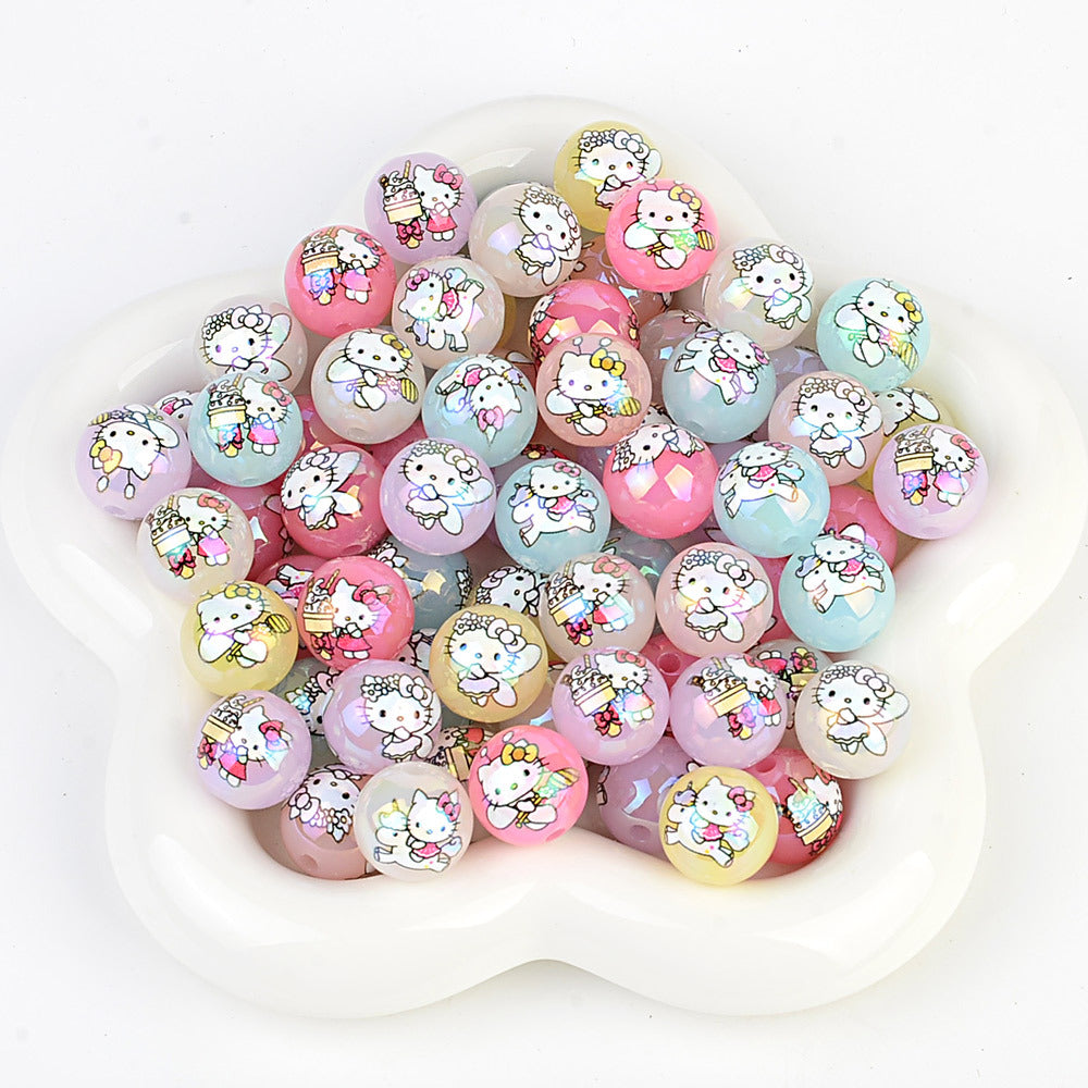 100Pcs printed Sanrio Hello Kitty hallo KT straight hole round beads DIY jewelry loose beads mobile phone chain bead pen accessories