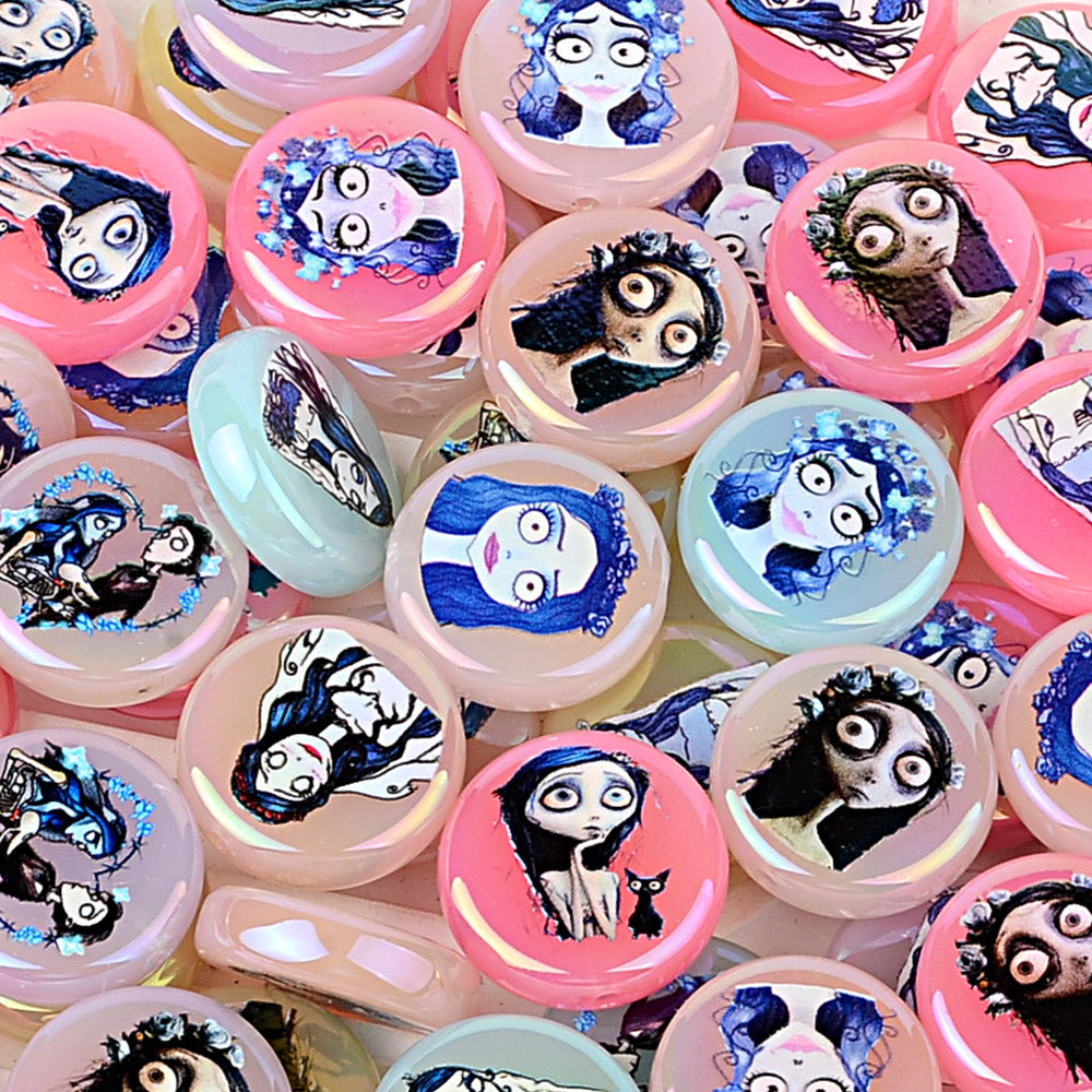 100Pcs Halloween Elements Zombie Bride Character Printing Straight Hole Flat Bead DIY Mobile Phone Bead Pen Handmade Ornament Accessories