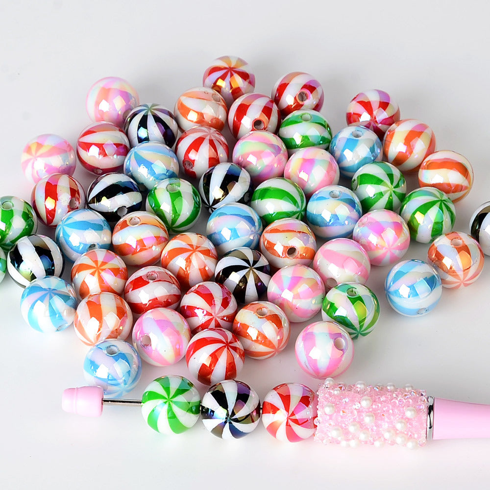100Pcs 16mm straight hole Christmas color plated striped beads printed round beads beaded loose beads DI bracelet jewelry material in stock