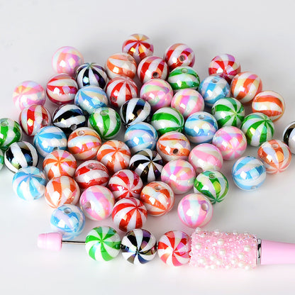 100Pcs 16mm straight hole Christmas color plated striped beads printed round beads beaded loose beads DI bracelet jewelry material in stock