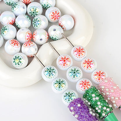100Pcs 16mm acrylic white bead print red and green mixed color snowflake through hole beaded DIY handmade material jewelry accessories wholesale