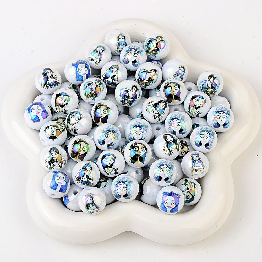 100Pcs Printed Halloween Theme Emily Victor Character Straight Hole Beads DIY Handmade Necklace Bead Pen Accessories
