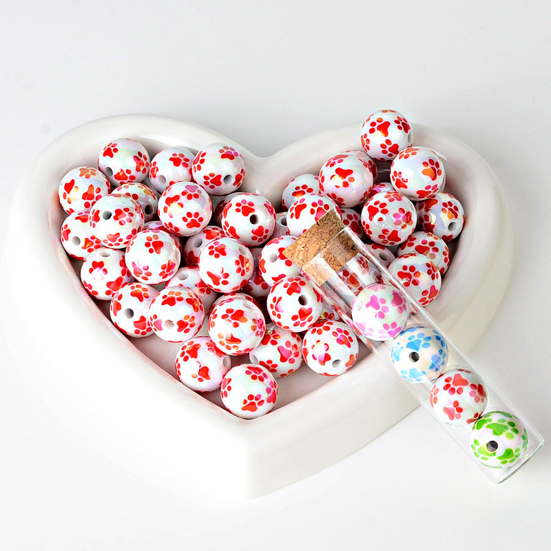 100Pcs 16mm Color Small Fresh Cat's Claw Pattern Printed Acrylic Beads Suitable for DIY Beads Bulk