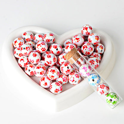 100Pcs 16mm Color Small Fresh Cat's Claw Pattern Printed Acrylic Beads Suitable for DIY Beads Bulk