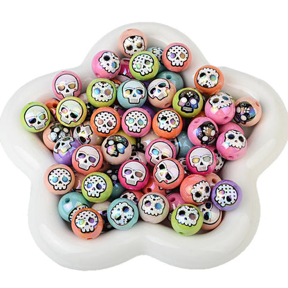 100Pcs 16mm double-sided printed skull through-hole loose beads can be handmade DIY material bracelet bracelet bead pen accessories