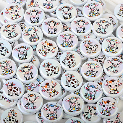 100Pcs acrylic printing cartoon small cow round vertical hole beads DIY mobile phone rope keychain string pen matching