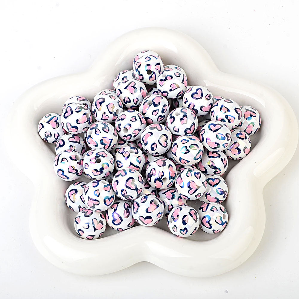 100Pcs acrylic two-color love leopard print printed beads DIY mobile phone chain bead pen jewelry accessories loose beads wholesale