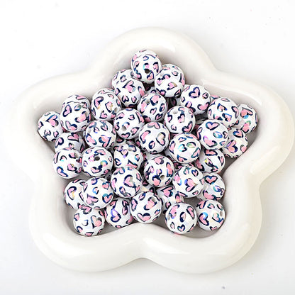 100Pcs acrylic two-color love leopard print printed beads DIY mobile phone chain bead pen jewelry accessories loose beads wholesale