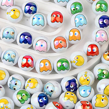 100Pcs 16mm acrylic solid color printing Pac-Man ghost straight hole round beads DIY handmade beaded jewelry accessories loose beads