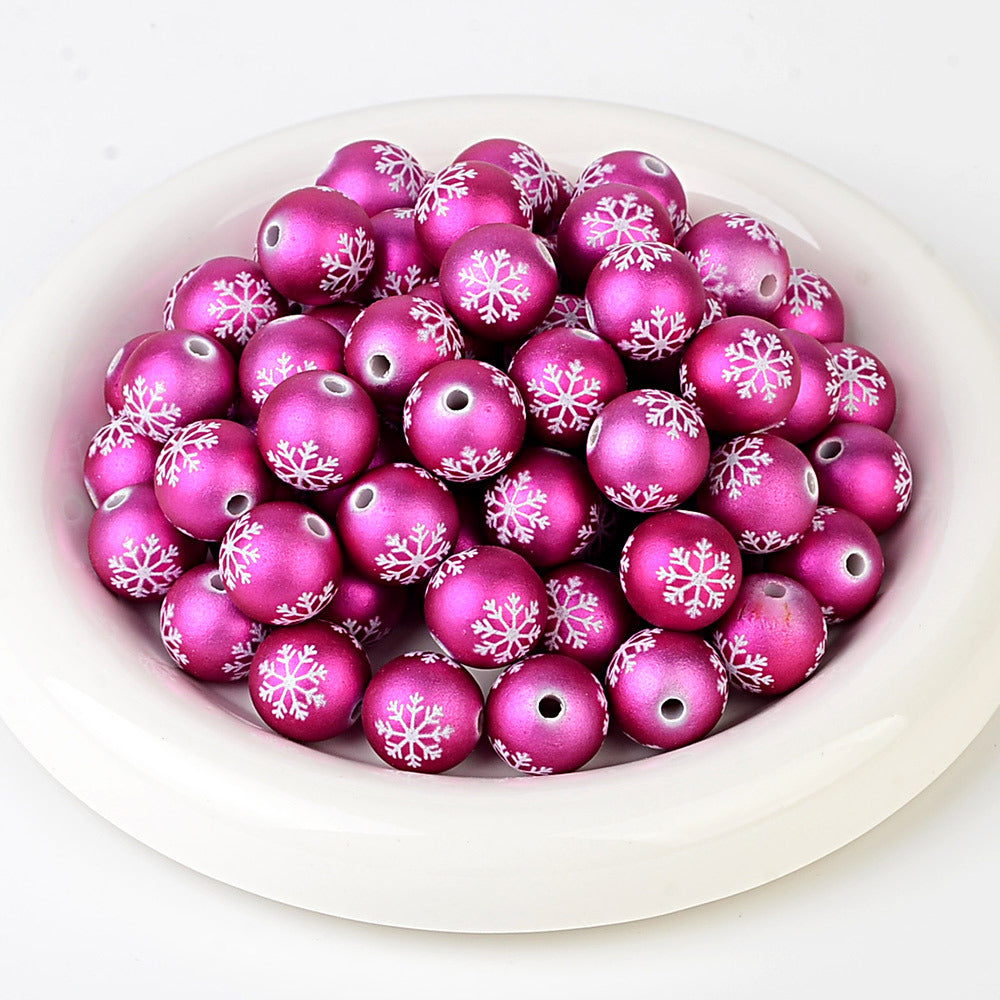 100Pcs matte feel paint Christmas series three-sided printing snowflake straight hole round bead DIY jewelry mobile phone chain bead pen accessories