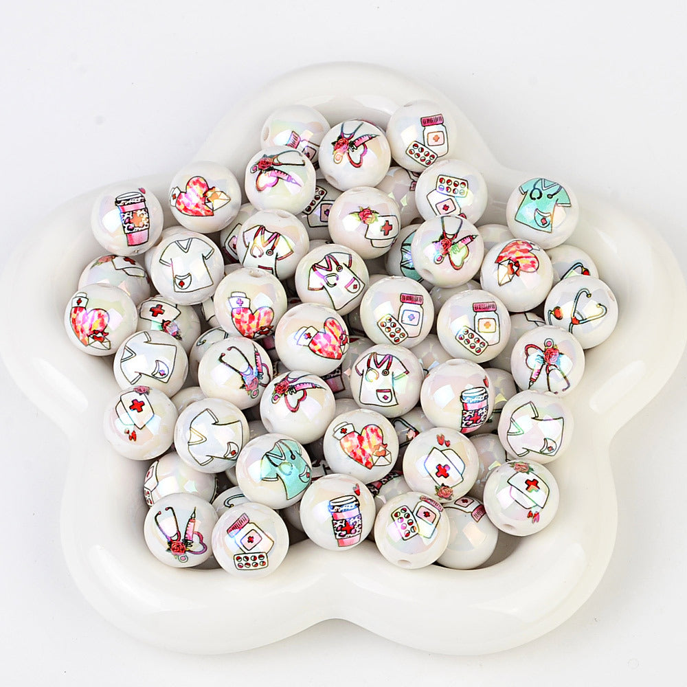 100Pcs acrylic disc bead printing medical clothing straight hole round bead DIY mobile phone rope keychain bead pen accessories