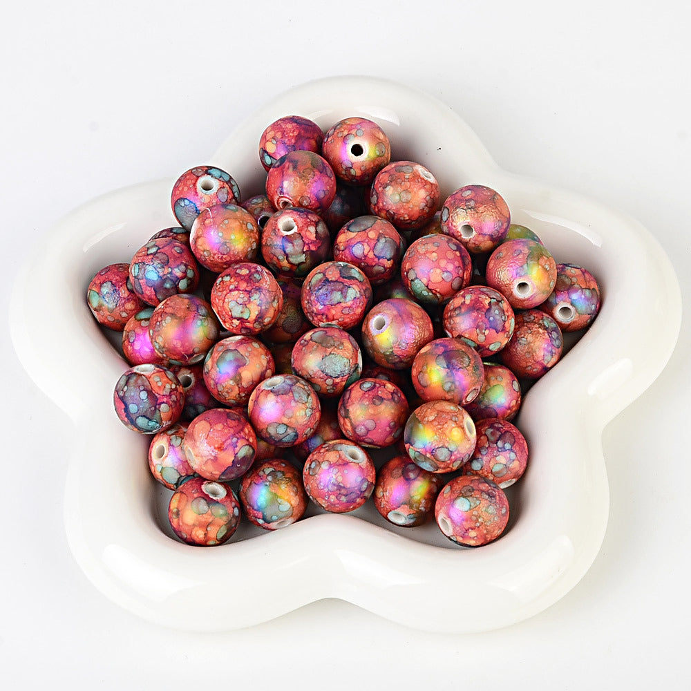 100Pcs acrylic feel gradual change color imitation ceramic flower beads straight hole pattern round beads beaded DIY bracelet necklace jewelry