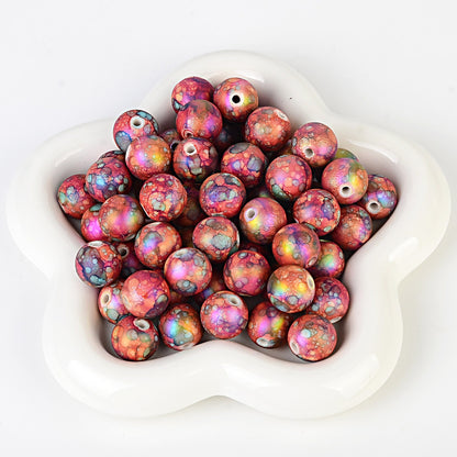 100Pcs acrylic feel gradual change color imitation ceramic flower beads straight hole pattern round beads beaded DIY bracelet necklace jewelry
