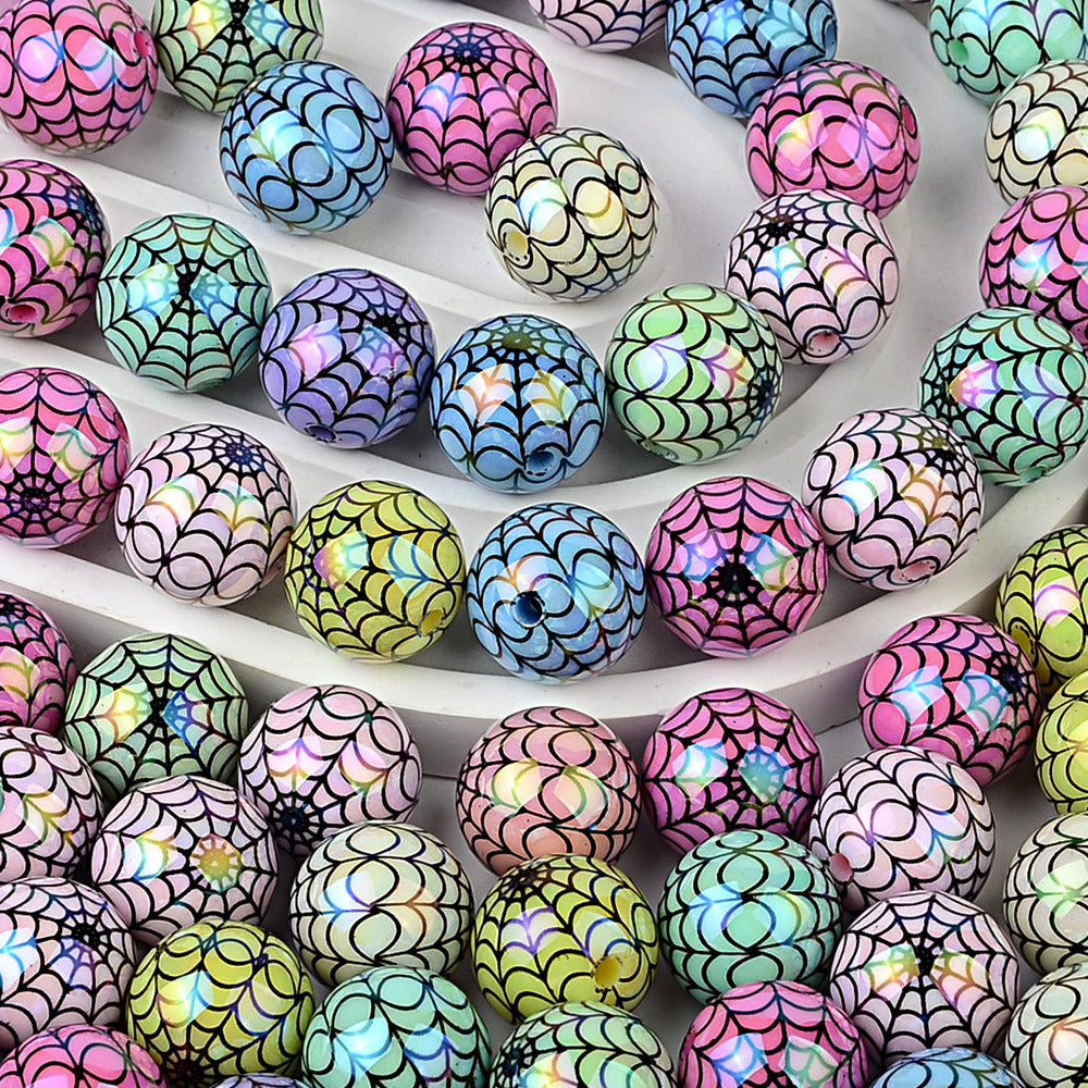 100Pcs 16mm acrylic plated color Halloween printing spider web straight hole round bead live broadcast DIY handmade beaded jewelry accessories