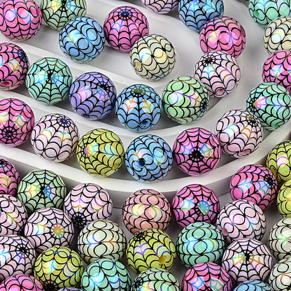 100Pcs 16mm acrylic plated color Halloween printing spider web straight hole round bead live broadcast DIY handmade beaded jewelry accessories