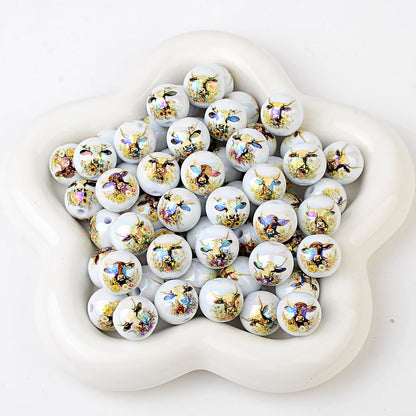 100Pcs acrylic double-sided printing cow head pattern straight hole round beads DIY mobile phone rope keychain string pen accessories wholesale