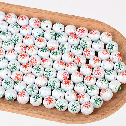 100Pcs 16mm acrylic white bead print red and green mixed color snowflake through hole beaded DIY handmade material jewelry accessories wholesale