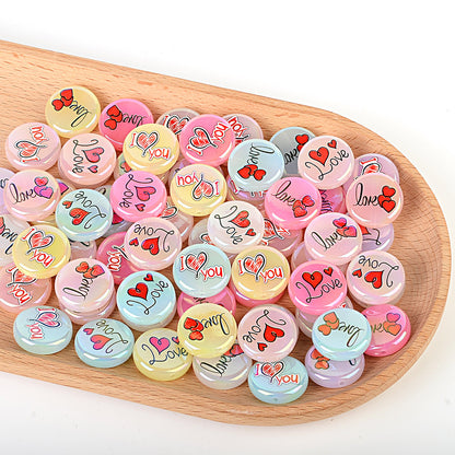 100Pcs acrylic plated Valentine's Day love love printing straight hole round cake beads DIY bead pen jewelry accessories material