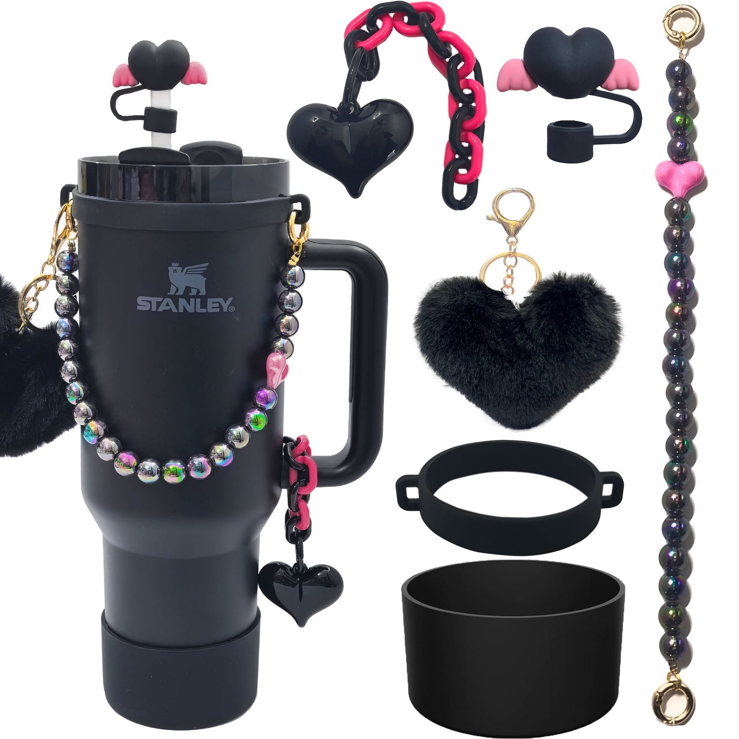 Cross-border stanley water cup accessories love straw cap Bingba cup decorative accessories combination set silicone cup cover