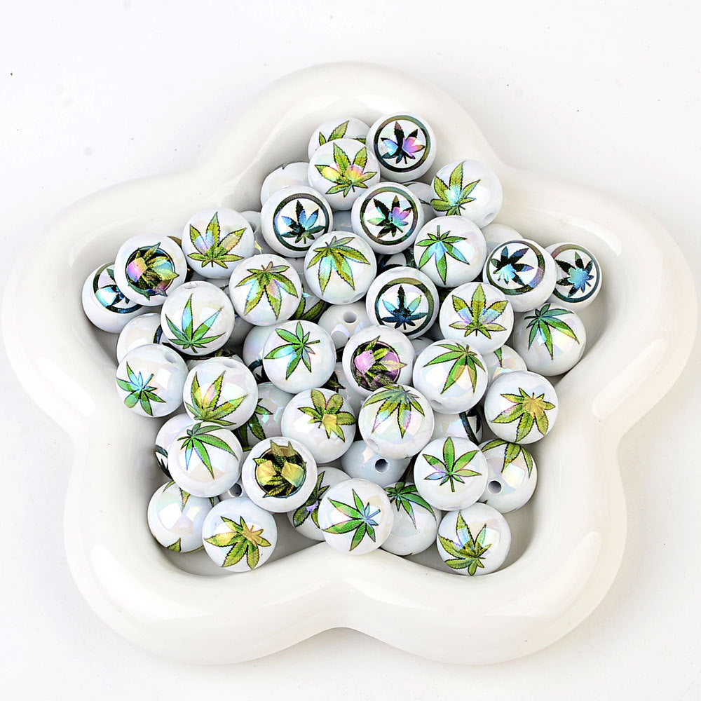 100Pcs color maple leaf printing beads, acrylic through-hole round beads Internet celebrity DIY jewelry accessories, cross-border wholesale