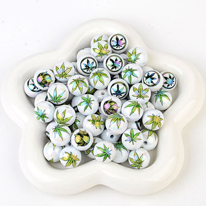 100Pcs color maple leaf printing beads, acrylic through-hole round beads Internet celebrity DIY jewelry accessories, cross-border wholesale