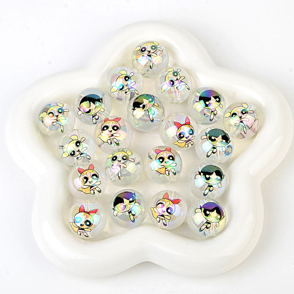 100Pcs acrylic printing cartoon flying police girl straight hole round beads DIY handmade jewelry accessories spot wholesale