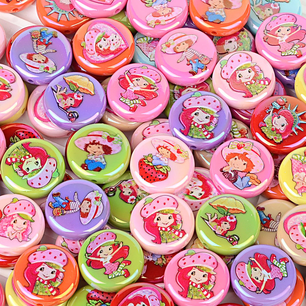 100Pcs 24mm double-sided printing cartoon strawberry girl beaded flat DIY mobile phone chain bag pendant material jewelry