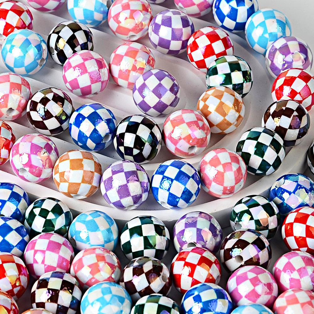 100Pcs UV plated color checkerboard square grid pattern round beads DIY handmade beaded loose bead string pen mobile phone chain jewelry accessories