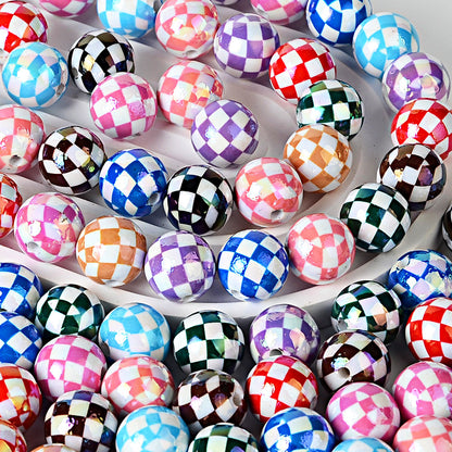 100Pcs UV plated color checkerboard square grid pattern round beads DIY handmade beaded loose bead string pen mobile phone chain jewelry accessories
