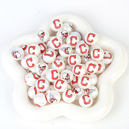 100Pcs 16mm frosted printing MLB baseball league round beads loose beads DIY bead pen car hanging baseball team accessories