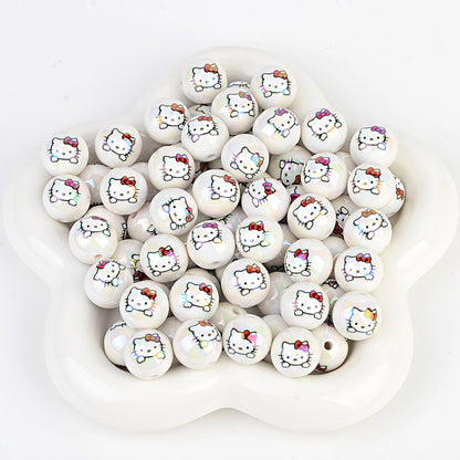 100Pcs printed Sanrio Hello Kitty hallo KT straight hole round beads DIY jewelry loose beads mobile phone chain bead pen accessories