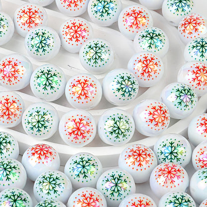 100Pcs 16mm acrylic white bead print red and green mixed color snowflake through hole beaded DIY handmade material jewelry accessories wholesale