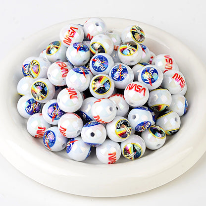 100Pcs cross-border hot NASA pattern printing round beads acrylic through-hole loose beads handmade beaded bracelet accessories wholesale