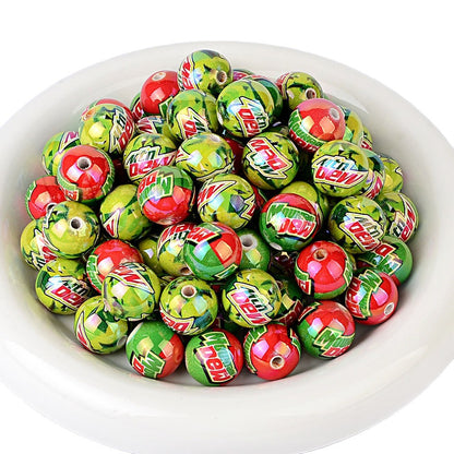 100Pcs American soda Mtn Dew printed acrylic round beads, straight hole loose beads DIY handmade jewelry accessories wholesale