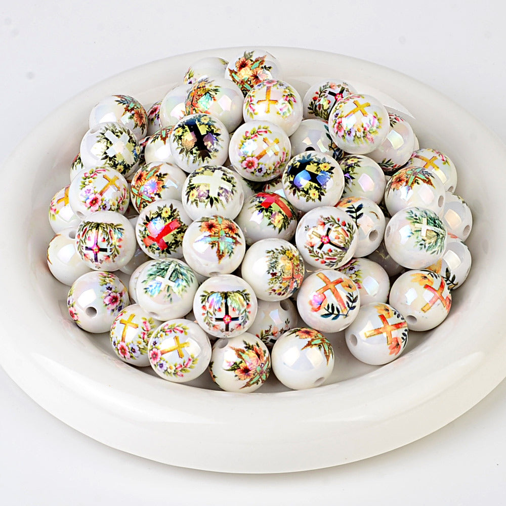 100Pcs new printed cross beaded fashionable versatile acrylic round beads high value DIY mobile phone chain printed loose beads