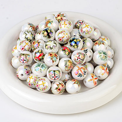 100Pcs new printed cross beaded fashionable versatile acrylic round beads high value DIY mobile phone chain printed loose beads