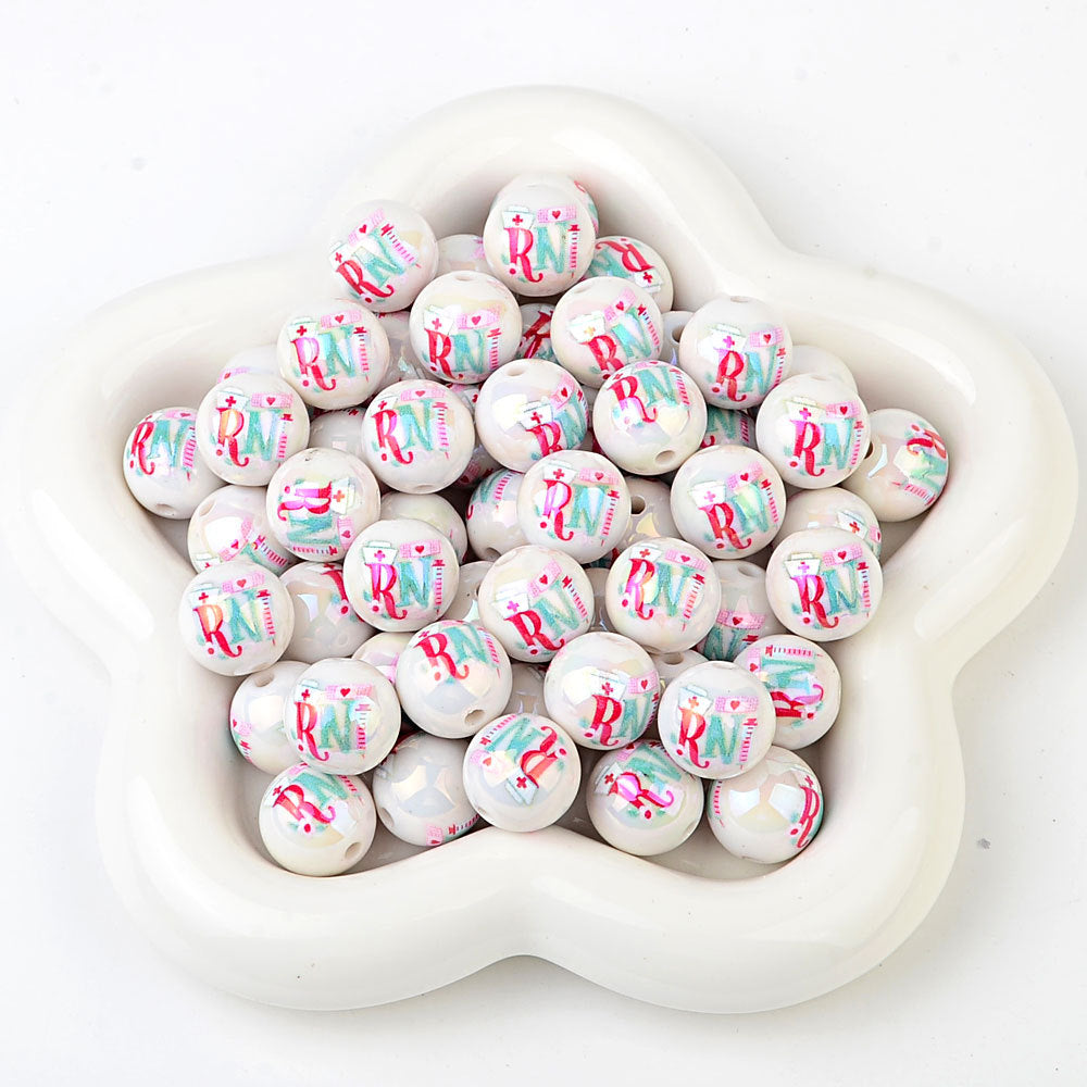 100Pcs Acrylic Nurse Occupation RN Nurse Logo Straight Hole Round Bead DIY Live Mobile Phone Rope Keychain Chain Pen Accessories