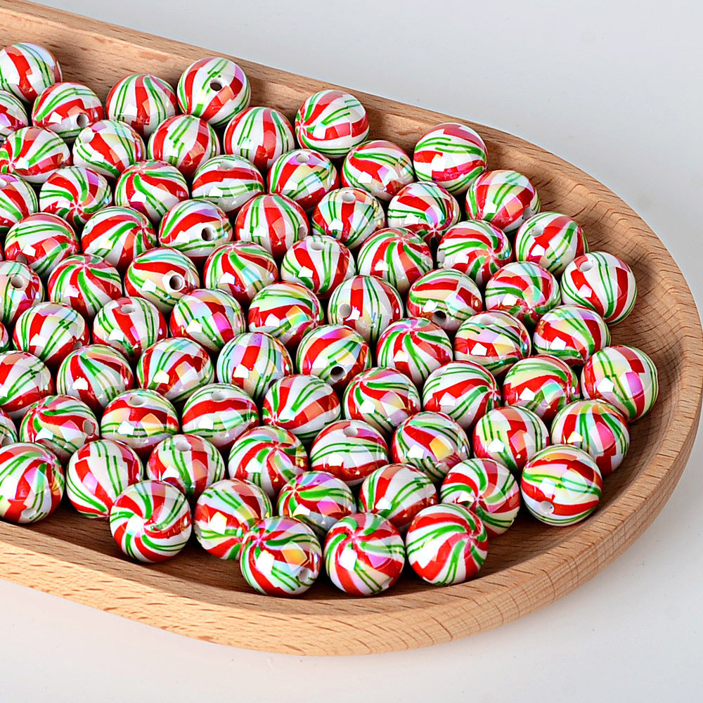 100Pcs 16mm acrylic Christmas color striped printed round beads DIY beaded mobile phone chain keychain loose beads wholesale